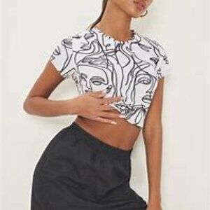 Pretty Little Thing | Pattern Crop Top, Faces | White and Black | Size XS